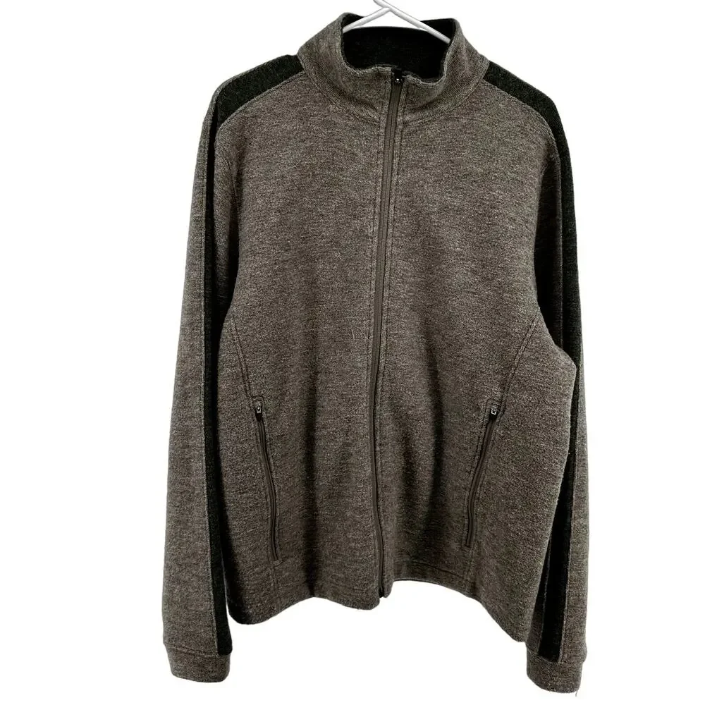 Ibex Full Zip Sweater Jacket Mock Neck Logo Colorblock Brown Gray Large